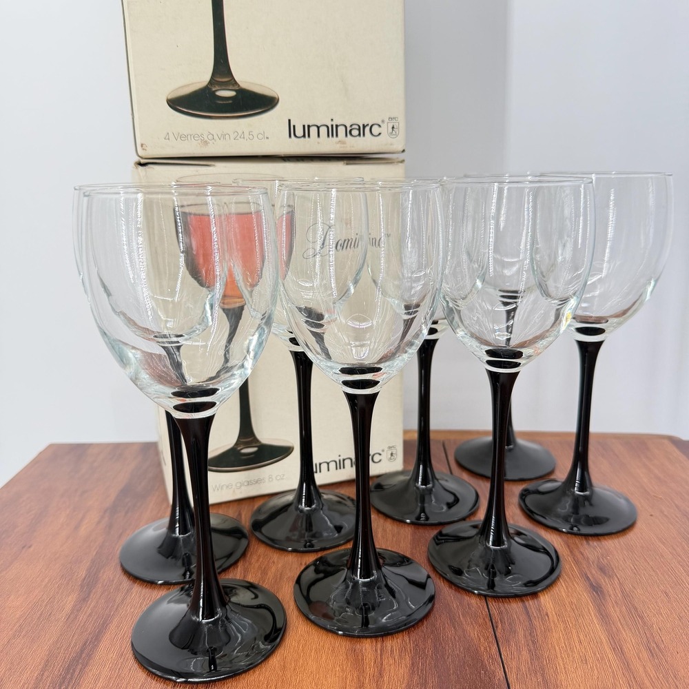 VTG 80s Wine Glasses (8) Luminarc France Black 2 Sets of 4 Domino Original Boxes